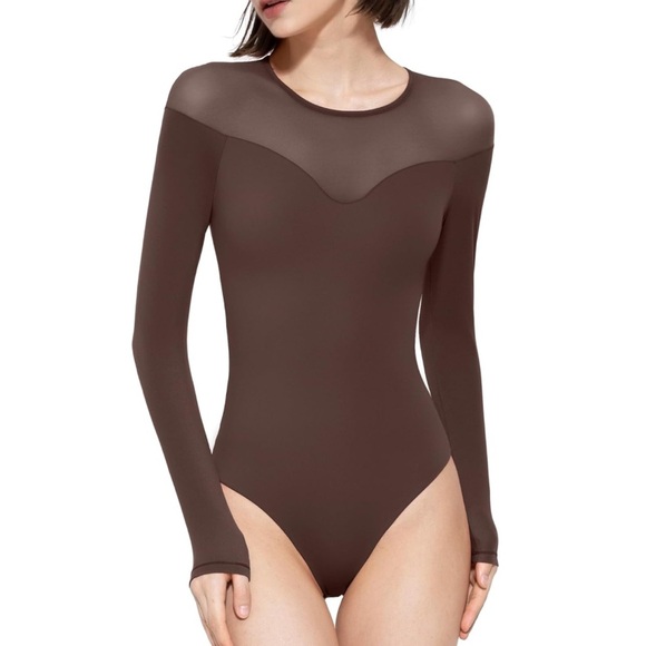PUMIEY Mesh/Sheer Crew Neck Long Sleeve Sexy Body Suit |Color:Chocolate|NEW/NWT! - Picture 1 of 8